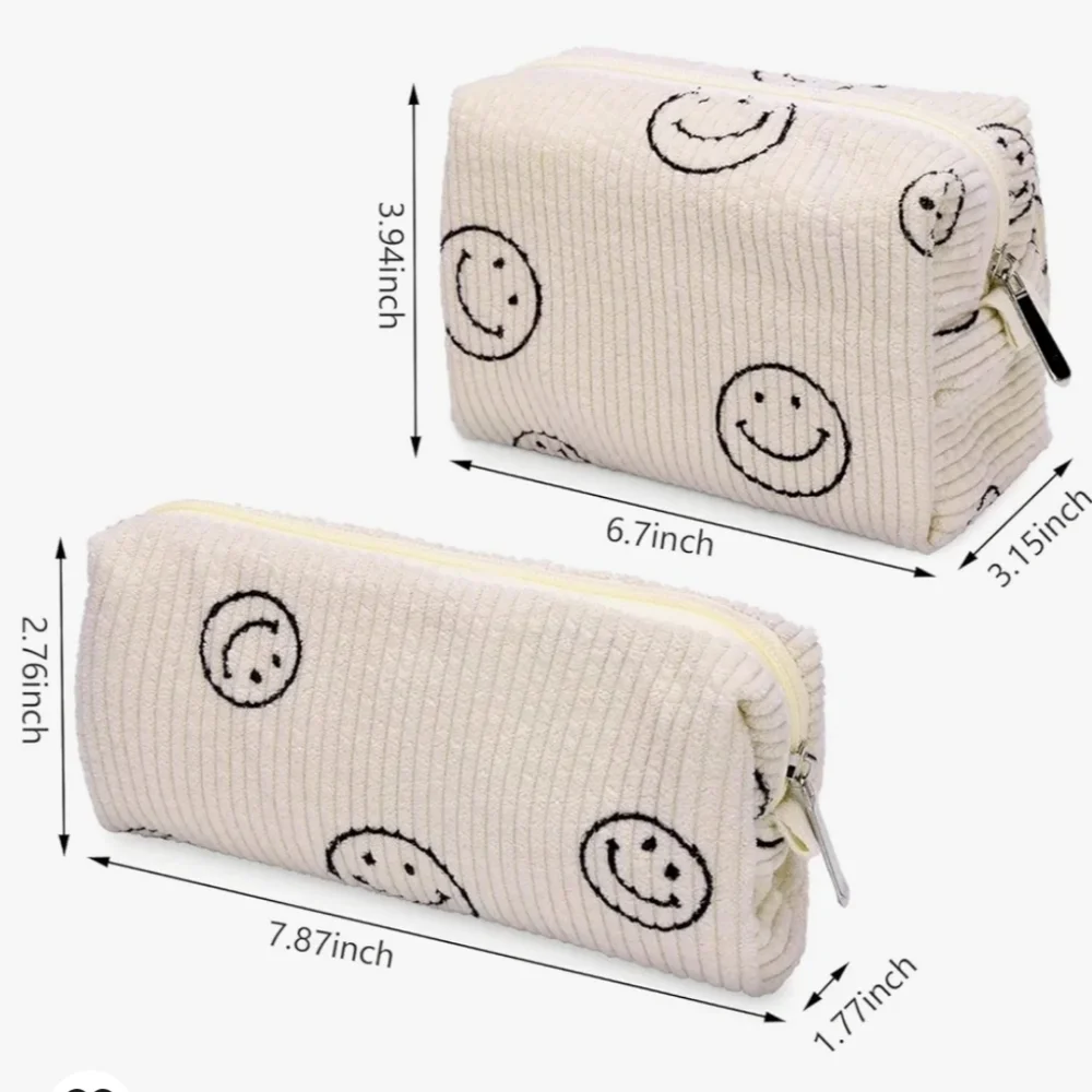 Lyanyan 2 Piece Makeup Bag Set in Beige Corduroy with a Black Smiley Face Print